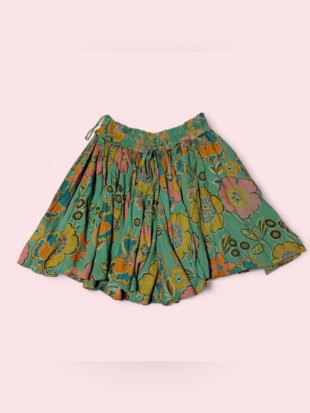 Angie Floral Paper Bag Shorts in Teal, Yellow & Pink Small